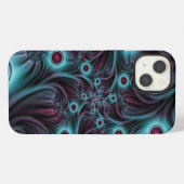 Etui iPhone 13 Dans l'abstrait fractal bleu profond rose (Verso Horizontal)