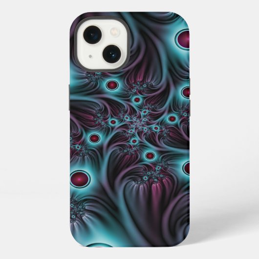 Etui iPhone 13 Dans l'abstrait fractal bleu profond rose (Verso)
