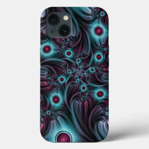 Etui iPhone 13 Dans l'abstrait fractal bleu profond rose