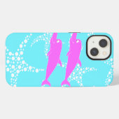 Etui iPhone 13 Dauphins roses sur motif bleu turquoise (Verso Horizontal)