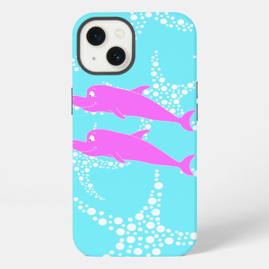 Etui iPhone 13 Dauphins roses sur motif bleu turquoise (Verso)