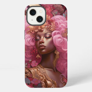 Etui iPhone 13 Déesse noire en rose et or