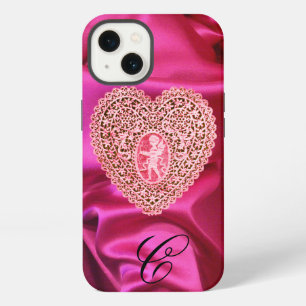 ETUI iPhone 13 DENTELLE DE CUPIDON COEUR SOIE ROSE FUCHSIA TISSU