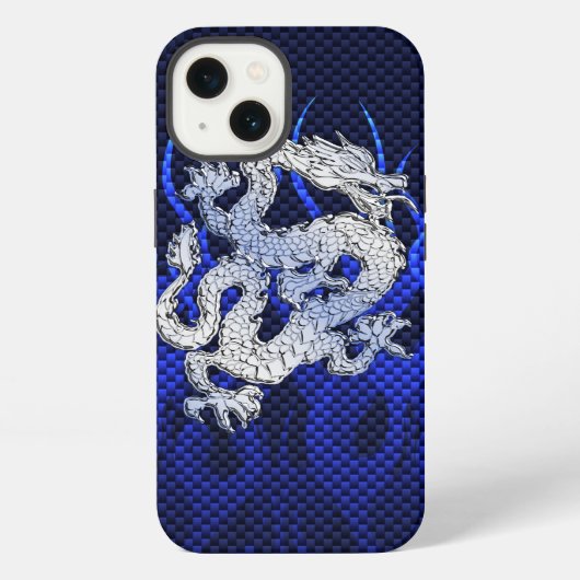 Etui iPhone 13 Dragon bleu dans du carbone chromé comme des flamm (Verso)