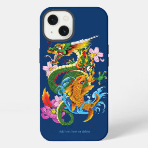 Etui iPhone 13 Dragon Japonais Koi Lotus Mythique Asien Bleu