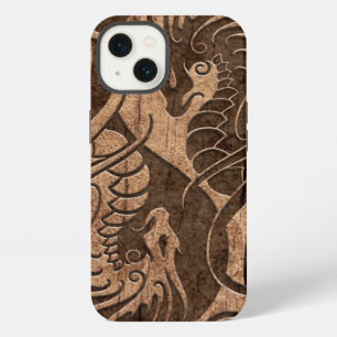 Etui iPhone 13 Dragons de Yin Yang de vol avec l'effet en bois de