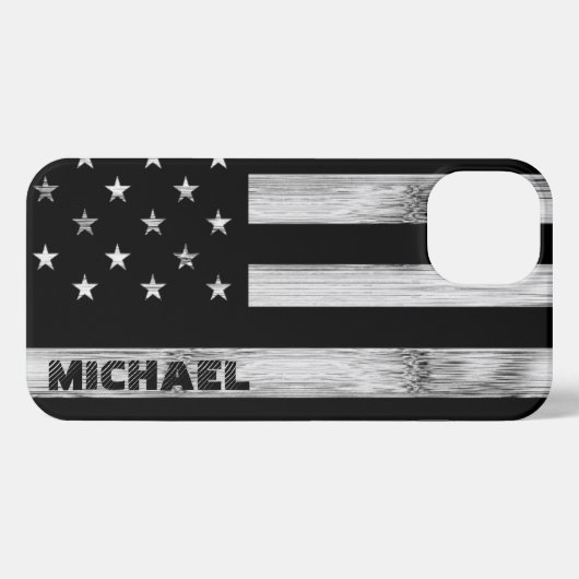 Etui iPhone 13 Drapeau américain Bois rustique Noir Blanc Monogra (Verso Horizontal)