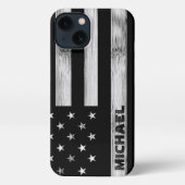 Etui iPhone 13 Drapeau américain Bois rustique Noir Blanc Monogra (Verso)