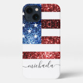 Etui iPhone 13 Drapeau rouge bleu faux scintillants parties scint (Verso)