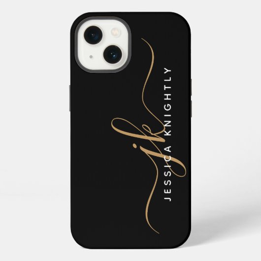 Etui iPhone 13 Élégant moderne Script Monogramme Initiales Black (Verso)