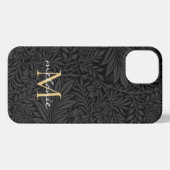Etui iPhone 13 Élégant Monogramme Floral Or Noir (Verso Horizontal)