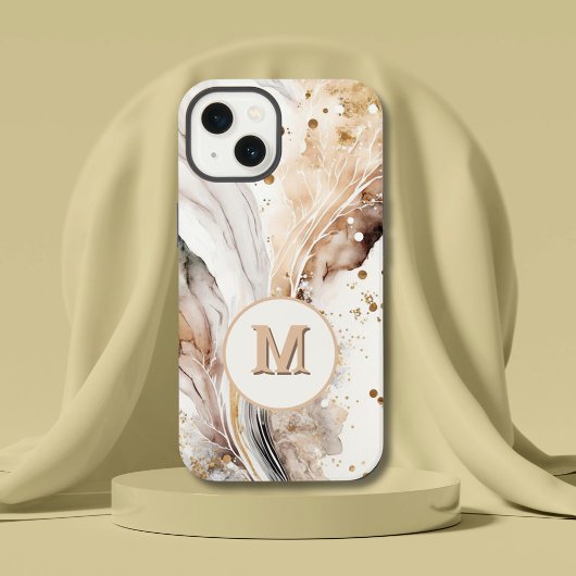 Etui iPhone 13 Élégant Monogramme Marbre Brun Or Design Abstrait