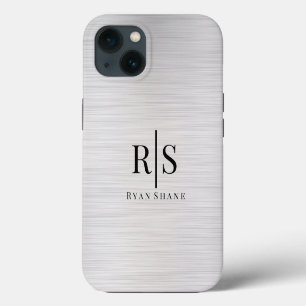 Etui iPhone 13 Élégant Monogramme & Nom Noir, Argent Brossé