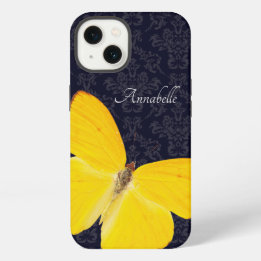 Etui iPhone 13 Elégant Papillon jaune Noir Damas Ajouter un nom