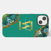 Etui iPhone 13 Emerald Green & Gold Agate Géode Monogramme (Verso Horizontal)