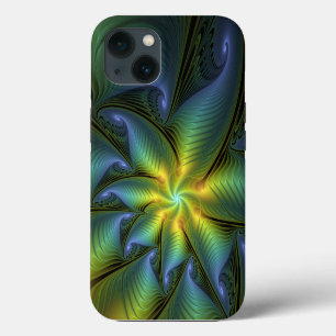 Etui iPhone 13 Etoile Abstraite, Bleu brillant Vert Or Fractal Ar