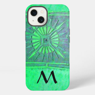 Etui iPhone 13 ÉTOILE DU MATIN, vert sarcelle monogramme noir