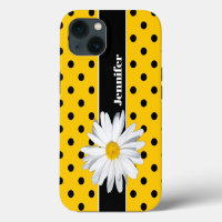 Étui iPhone à pois jaune et noir, fleur de marguer