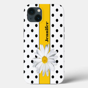 Etui iPhone 13 Étui iPhone à pois noir et blanc, Marguerite