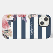Etui iPhone 13 Étui iPhone à rayures bleues et blanches monogramm (Verso Horizontal)