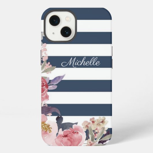 Etui iPhone 13 Étui iPhone à rayures bleues et blanches monogramm (Verso)