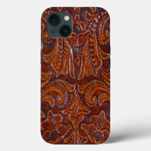 Etui iPhone 13 Étui iPhone en cuir travaillé imprimé marron cogna
