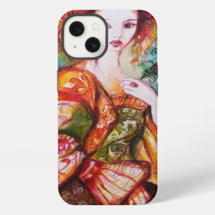 ETUI iPhone 13 FEMME ROMANTIQUE AVEC PLUME DE PAON ÉTOILÉE