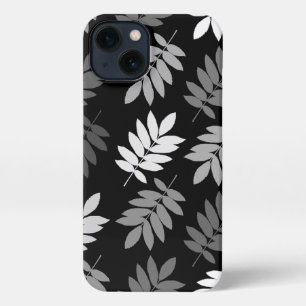 Etui iPhone 13 Feuille aînée grand motif noir blanc gris