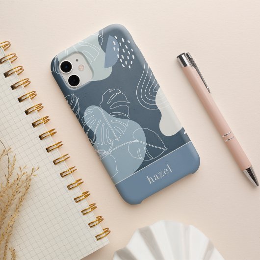 Etui iPhone 13 Feuille de monstère tropicale de Boho bleu Dusty