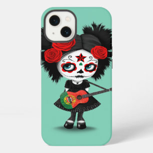 Etui iPhone 13 Fille Crâne de Sucre Jouant de la Guitare au Drape