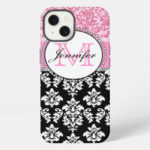 Etui iPhone 13 Fille, rose, Parties scintillant Noir Damas Person