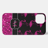 Etui iPhone 13 Flamant rose faux pétille motif noir Monogramme (Verso Horizontal)