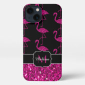 Etui iPhone 13 Flamant rose faux pétille motif noir Monogramme (Verso)