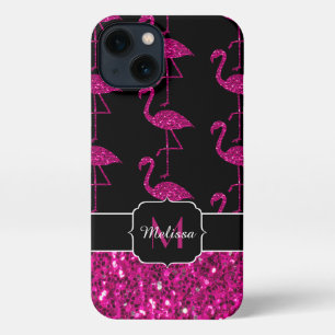 Etui iPhone 13 Flamant rose faux pétille motif noir Monogramme