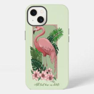 Etui iPhone 13 Flamant Rose Tropical Feuilles de Palmier Vert Lys