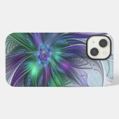 Etui iPhone 13 Fleur Abstraite Moderne Art Fractal Vert Violet (Verso Horizontal)
