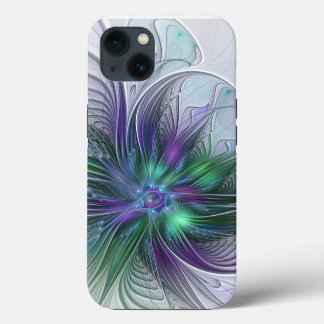 Etui iPhone 13 Fleur Abstraite Moderne Art Fractal Vert Violet