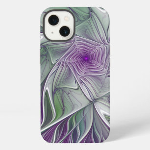 Etui iPhone 13 Fleur de rêve, Art fractal abstrait violet vert