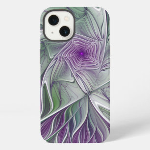 Etui iPhone 13 Fleur de rêve, Art fractal abstrait violet vert