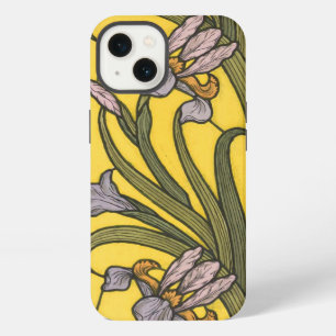 Etui iPhone 13 Fleur d'Iris Art Nouveau Vitrail Bleu Or