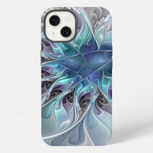 Etui iPhone 13 Fleur fractale moderne abstraite avec du bleu