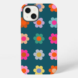 Etui iPhone 13 Fleurs Abstraites Colorées Bleu Marine Floral Rétr