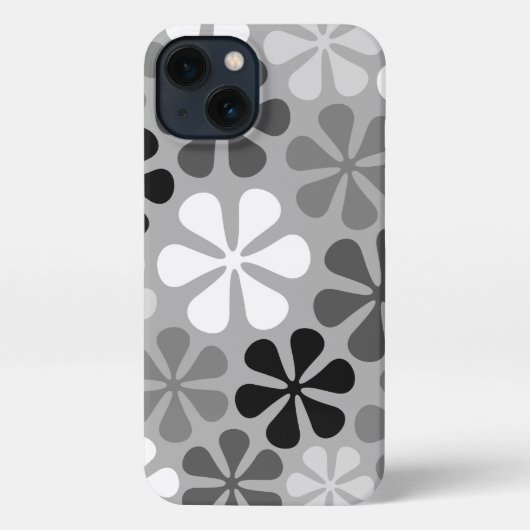 Etui iPhone 13 Fleurs Abstraites Gris noir blanc (Verso)