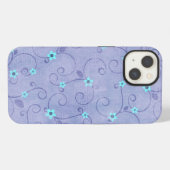 Etui iPhone 13 Fleurs Aqua sur Fond Violet (Verso Horizontal)