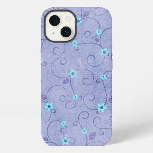 Etui iPhone 13 Fleurs Aqua sur Fond Violet (Verso)