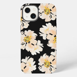 Etui iPhone 13 Fleurs aquarelle pivoines roses sur fond noir