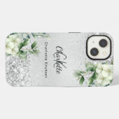 Etui iPhone 13 Fleurs blanches argentées monogramme nom euclayptu (Verso Horizontal)