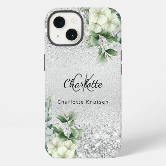 Etui iPhone 13 Fleurs blanches argentées monogramme nom euclayptu (Verso)