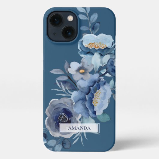 Etui iPhone 13 Fleurs de marine | Nom personnalisé bleu (Verso)