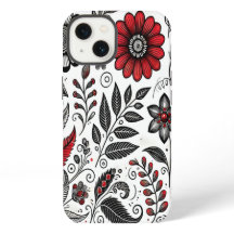 Fleurs et feuilles gribouillées en rouge et noir